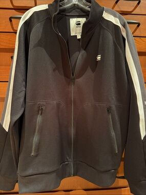 G-Star Raw Zip-Up Jacket, Olive Green with Ivory Arm Stripe Accents XL EUC